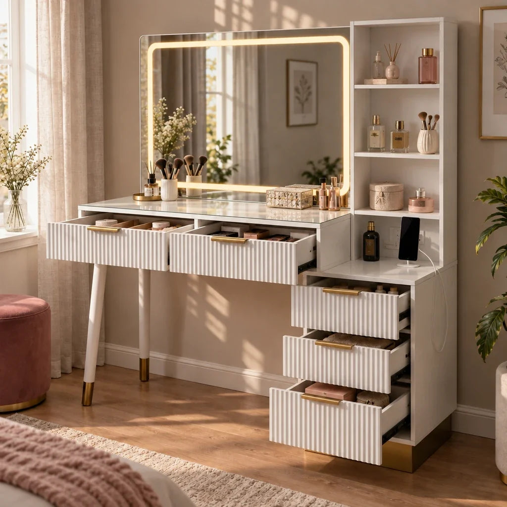 Celeste fluted dressing table with drawers open