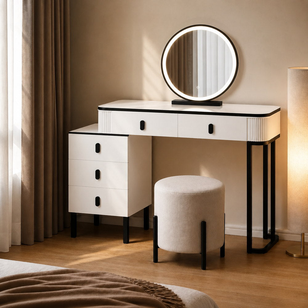 Monochrome Chic Round Mirror Dressing Table | Eleva regenerated |01