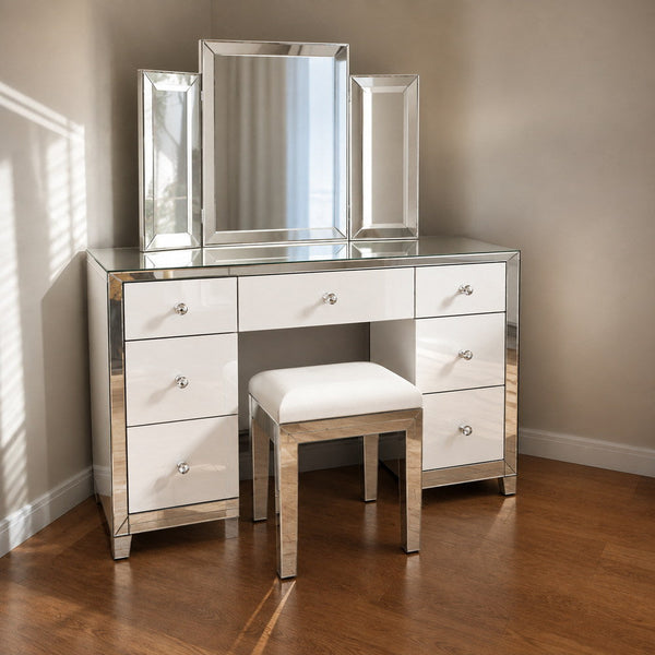 Mirror Mirror Tri-Fold Vanity Set with Stool | Eleva regenerated |01