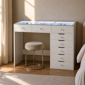 Dressing Table with Glass Top, Lights & Crystal Sparkle