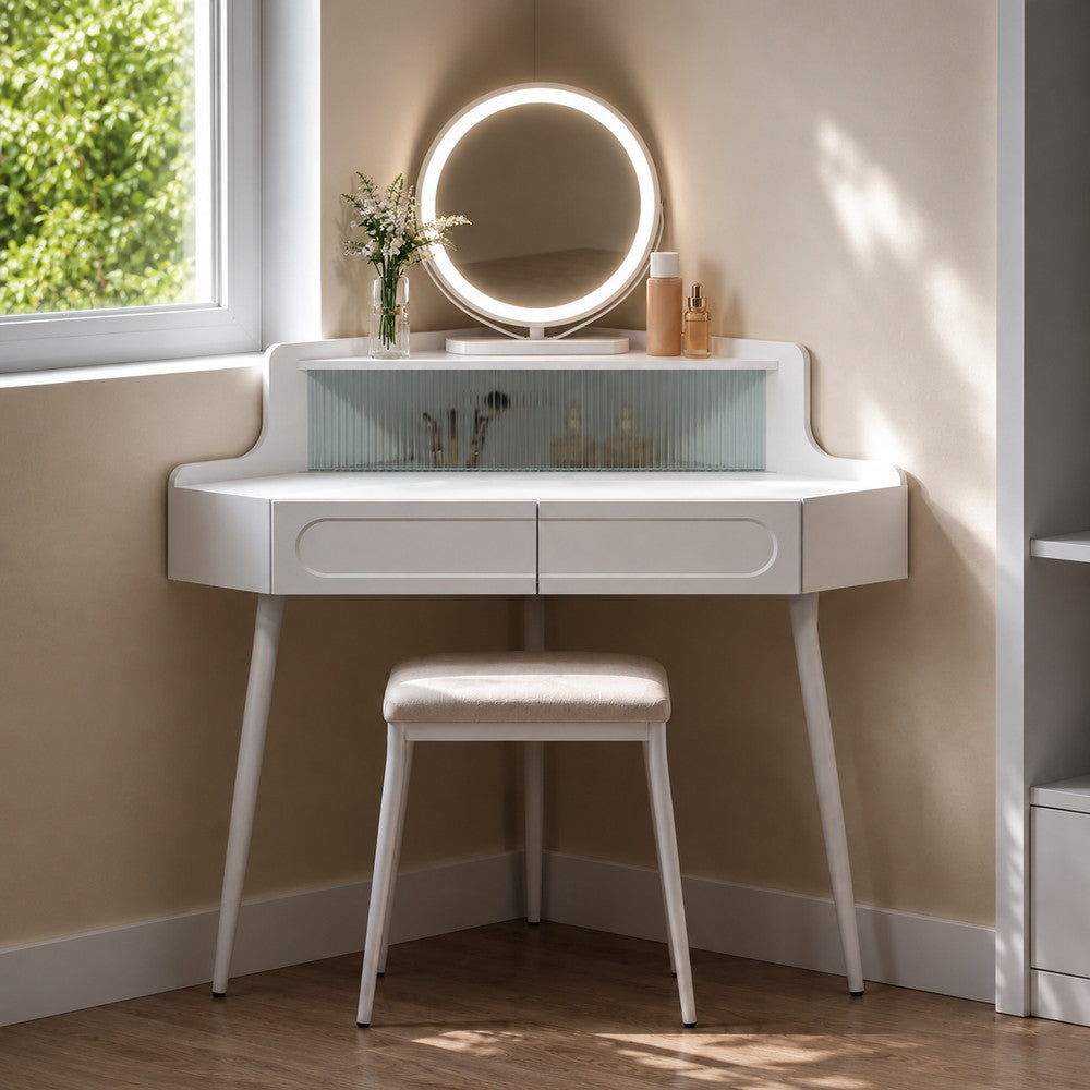 Quiet Corner Dressing Table with Round Mirror | Eleva regenerated |02