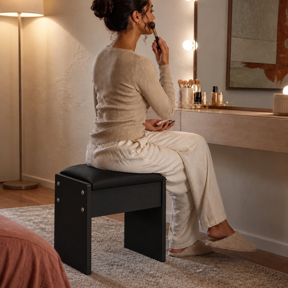 Smoky Eye Padded Vanity Stool in Black | Eleva regenerated |02
