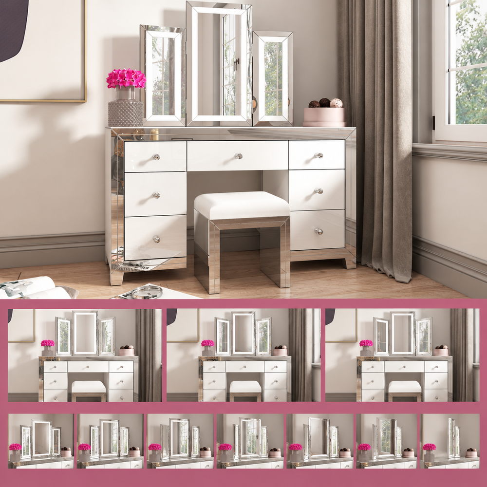 Mirror Mirror Tri-Fold Vanity Set with Stool | Eleva regenerated |03