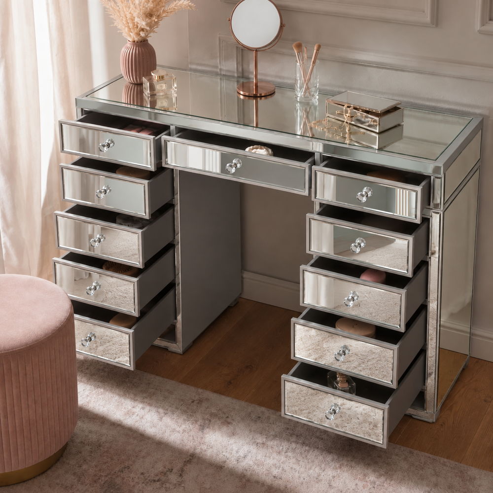 Sparkling Mirrored Vanity with Crystal Knobs | Eleva regenerated |03