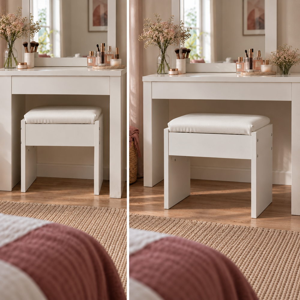 Clean Slate Padded Vanity Stool in White | Eleva regenerated |03