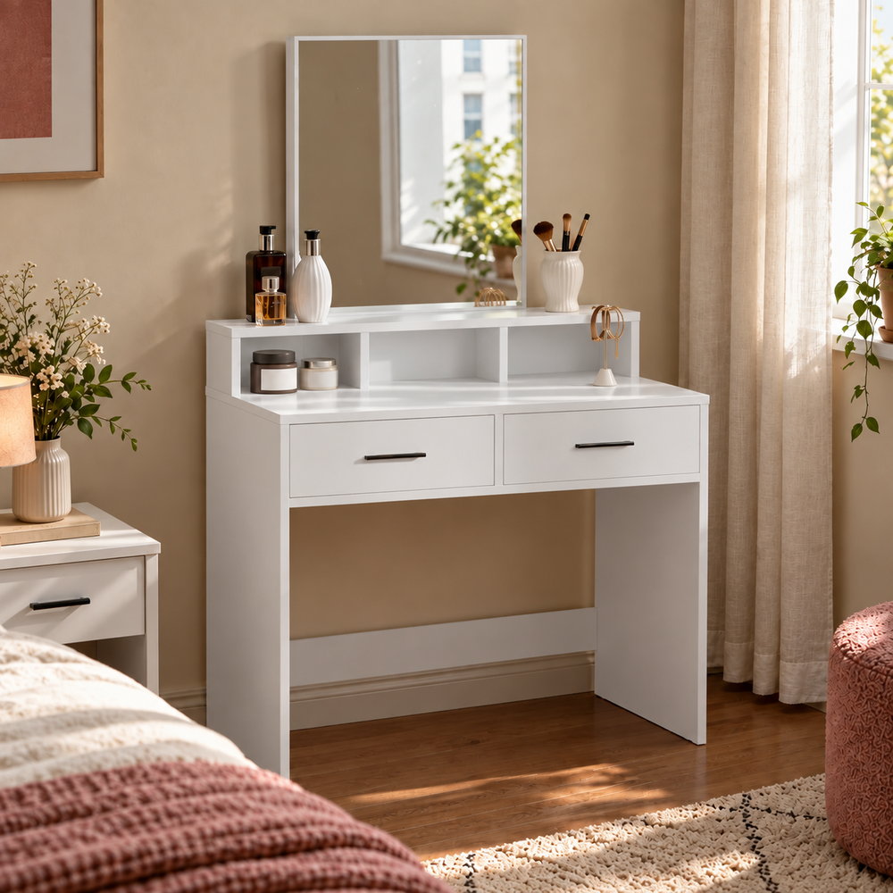 Sweet & Simple Vanity with Mirror in White | Eleva regenerated |04