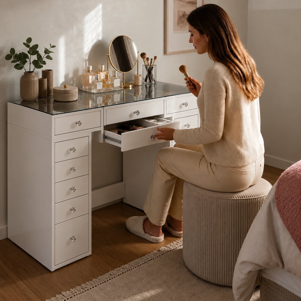 Jewel Box Glass-Top Dressing Table in White | Eleva regenerated |05