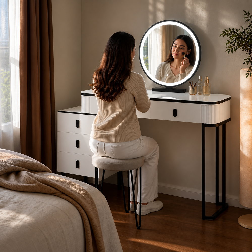 Monochrome Chic Round Mirror Dressing Table | Eleva regenerated |06