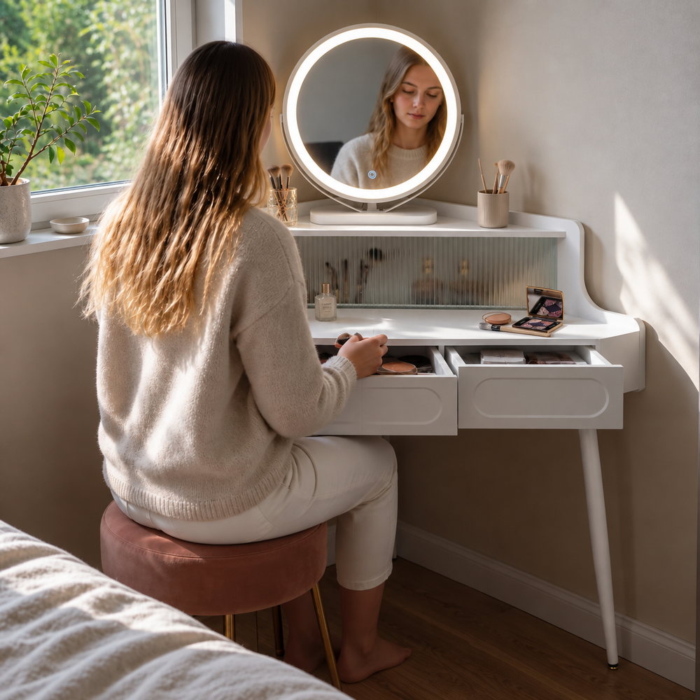 Quiet Corner Dressing Table with Round Mirror | Eleva regenerated |06