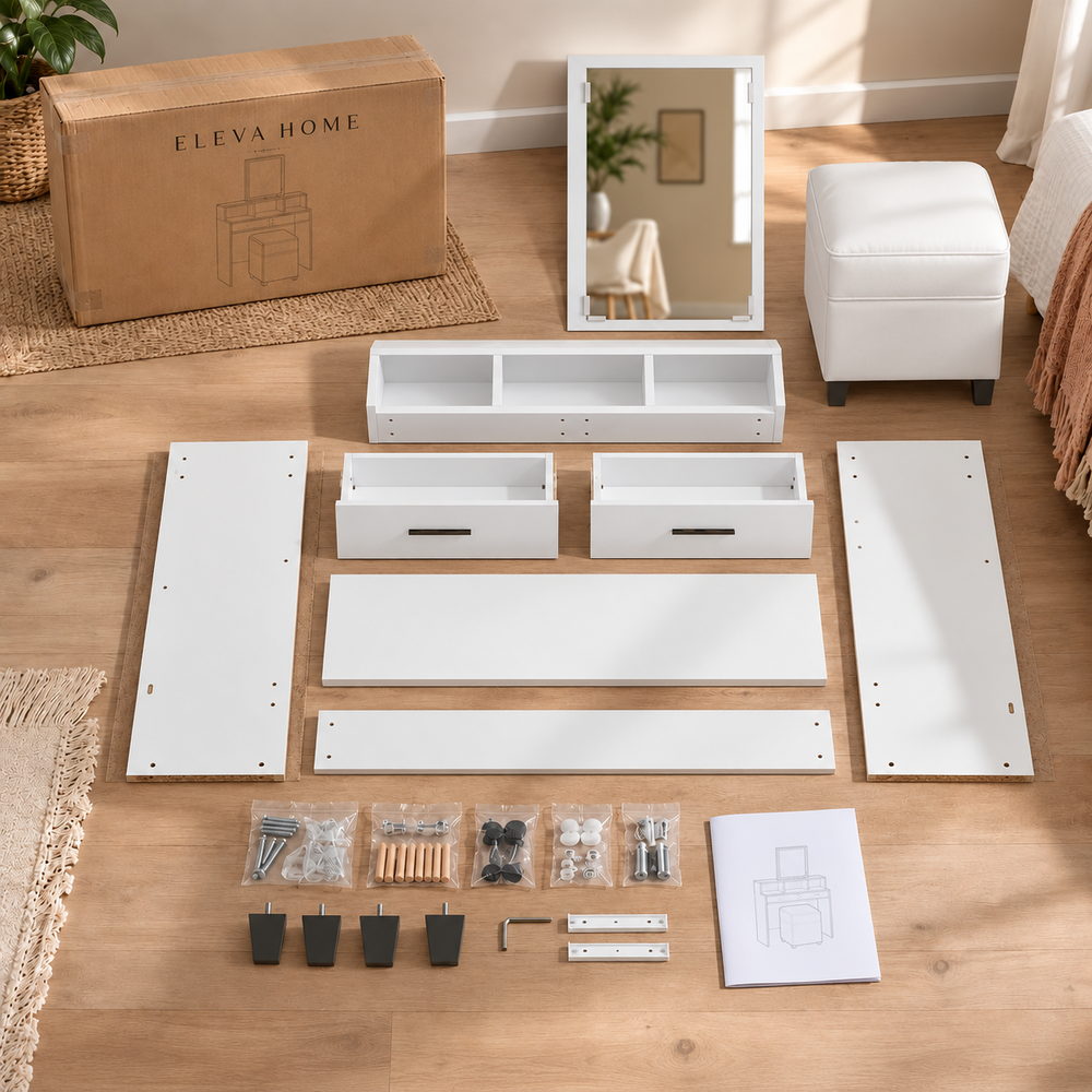 Sweet & Simple Vanity with Mirror in White | Eleva regenerated |09