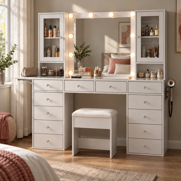 Large Hollywood Dressing Table with 12 Drawers and Stool - White, 140cm