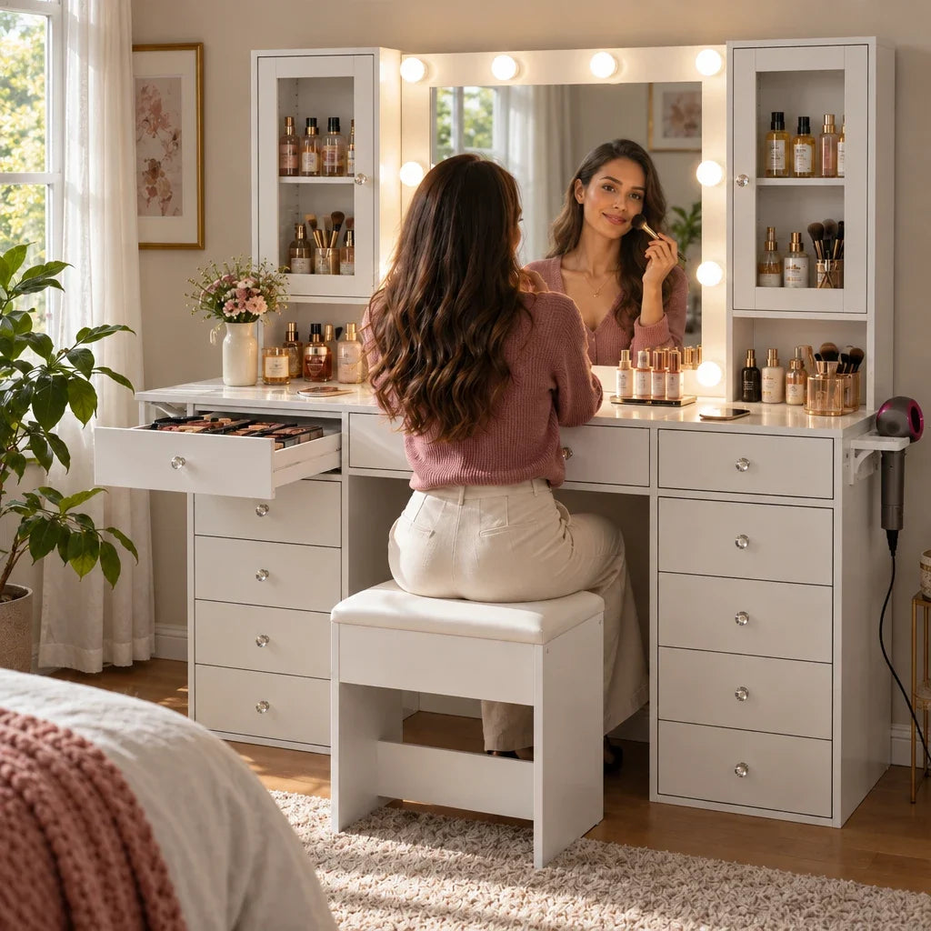 Woman doing her makeup at the Roxy large Hollywood dressing table