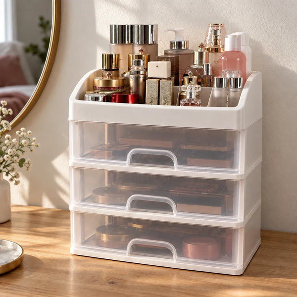 Makeup Organiser with 3 Clear Drawers - White