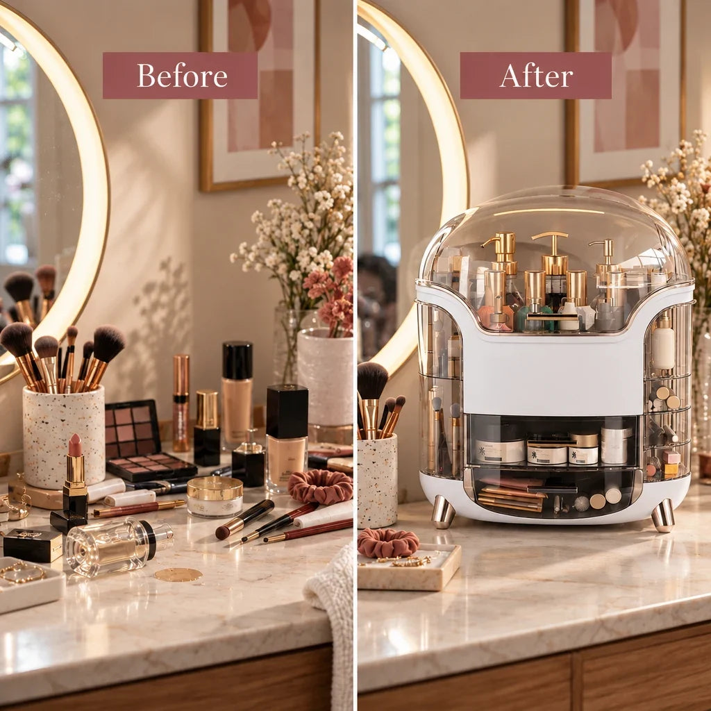 Lulu makeup organiser, before and after tidying