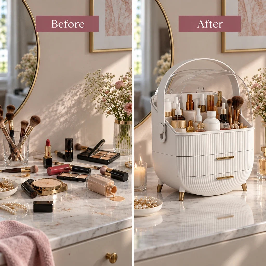 Dottie dome makeup organiser, before and after tidying
