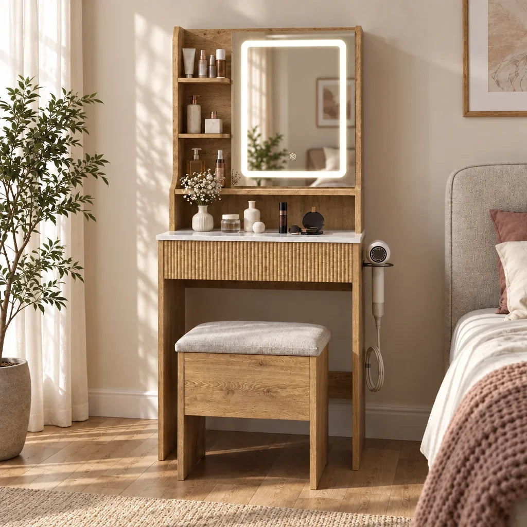 Small Dressing Table with LED Mirror and Stool - Natural, 60cm