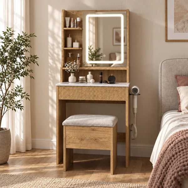 Small Dressing Table with LED Mirror and Stool - Natural, 60cm