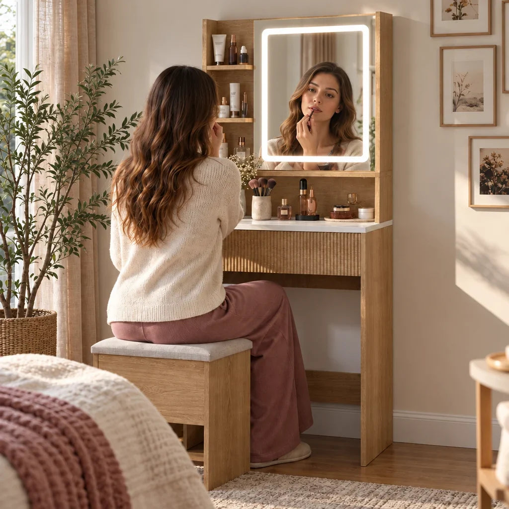 Woman doing her makeup at the Willow small dressing table