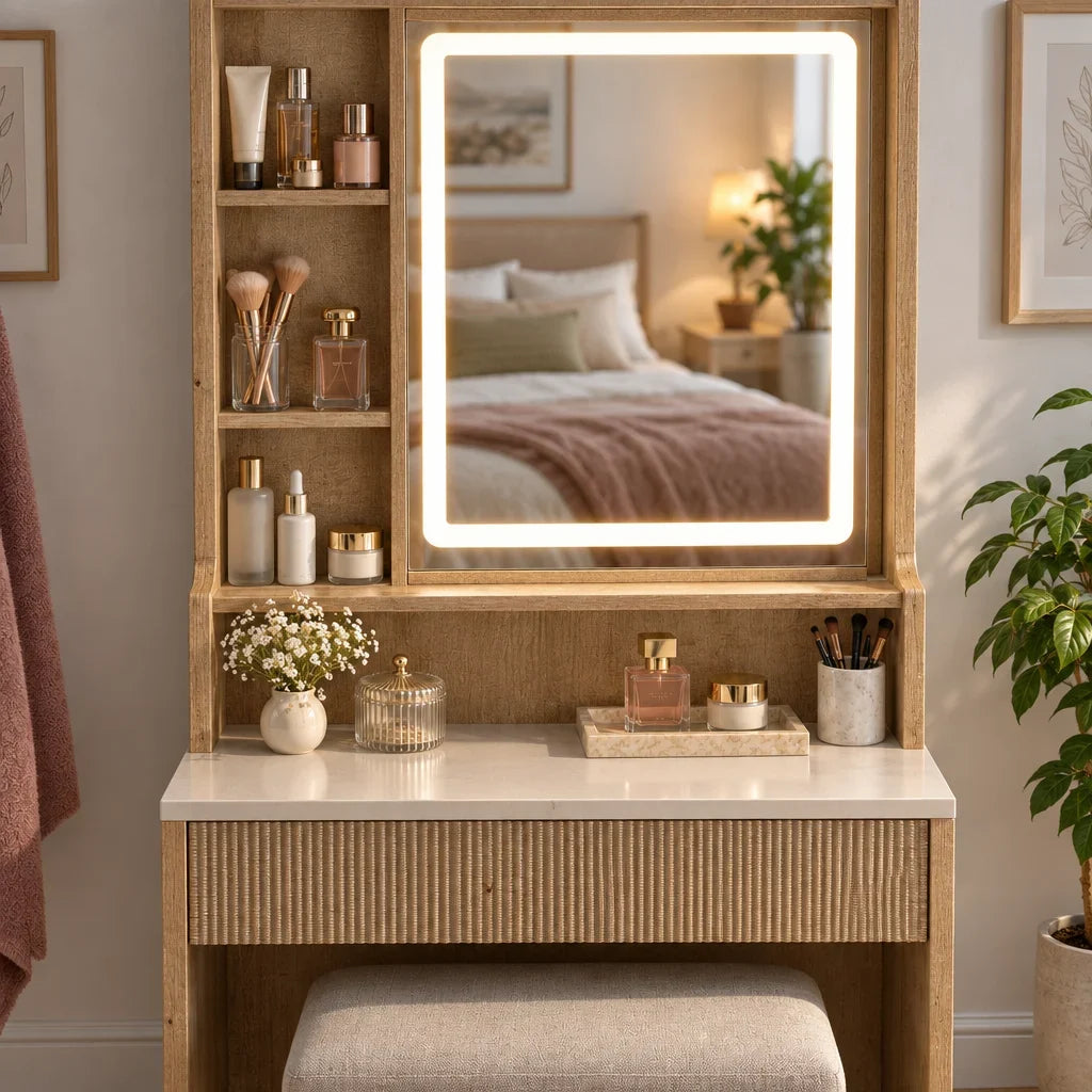 Willow small dressing table, mirror lights on